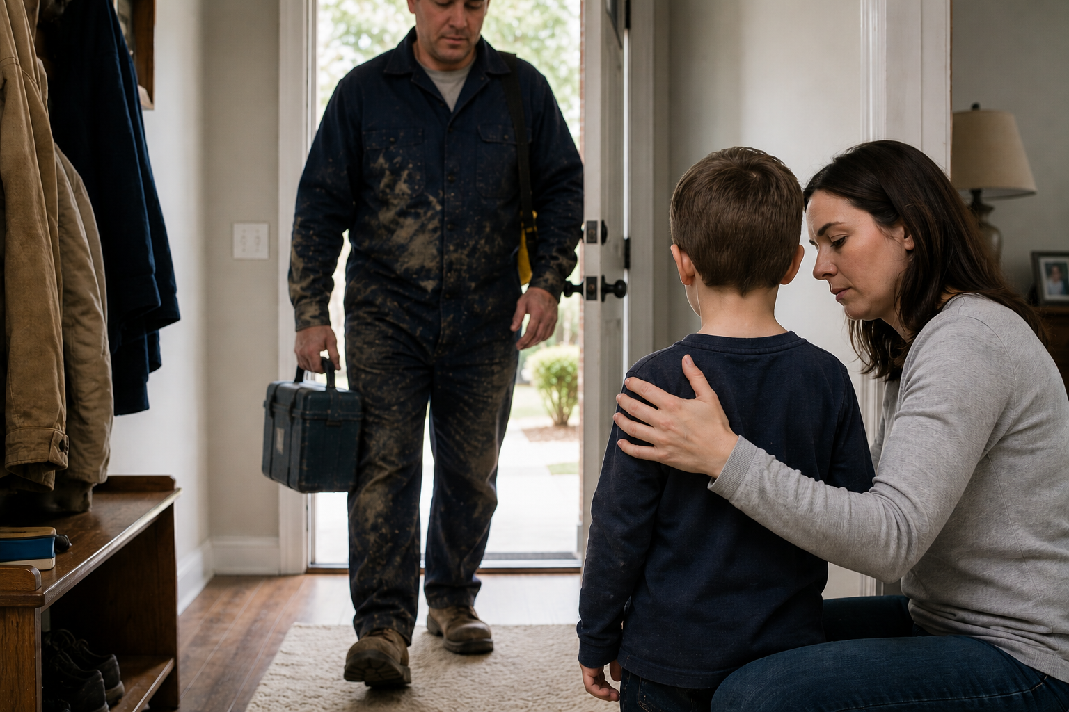 Worker entering home in dusty work clothes near family members