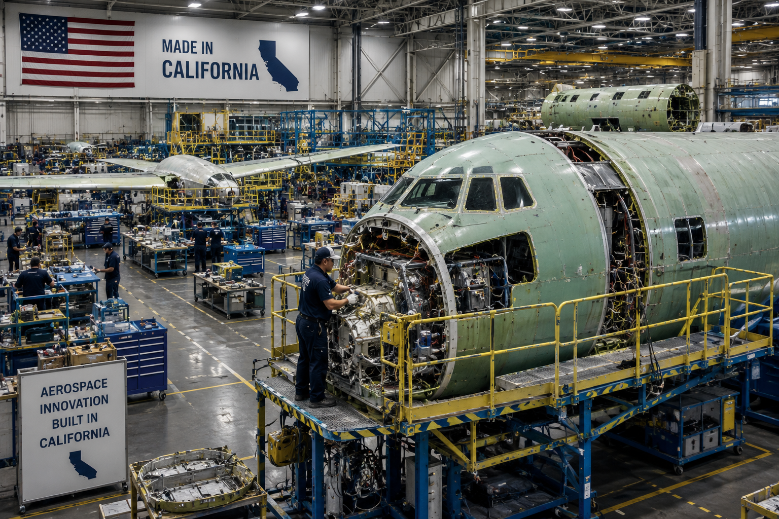 California aerospace manufacturing hangar with aircraft assembly and workers