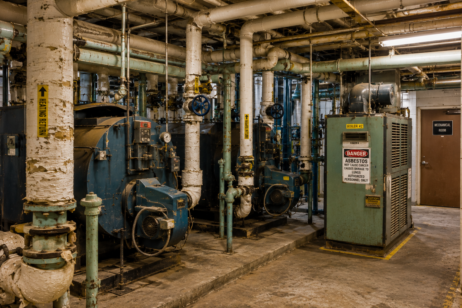 Older California school mechanical room with boilers and insulated piping