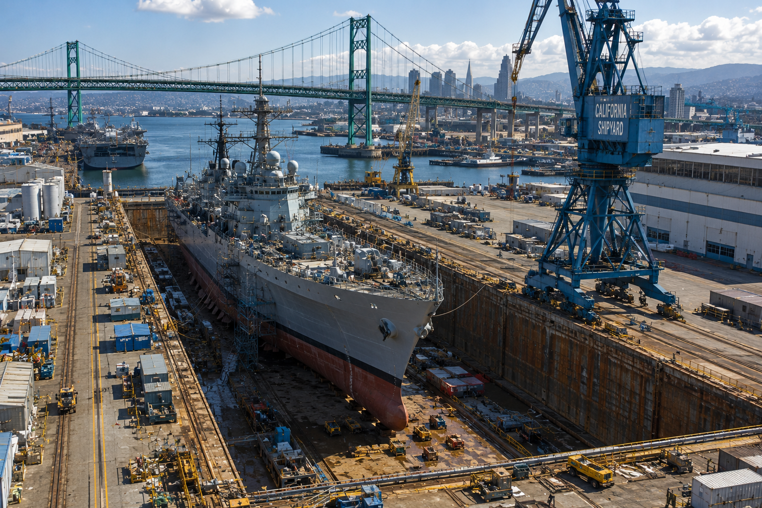 California naval shipyard with vessel repair and cranes