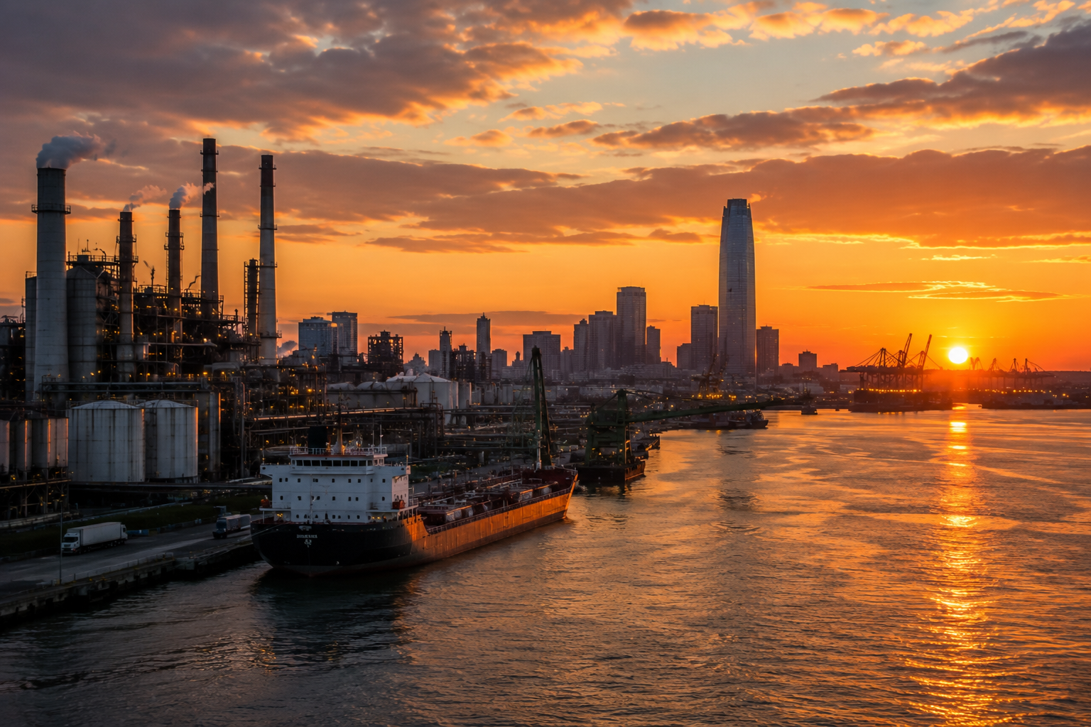 New Jersey industrial port skyline at sunset