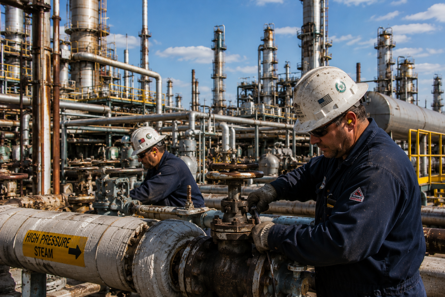 New Jersey oil refinery workers around insulated piping and valves
