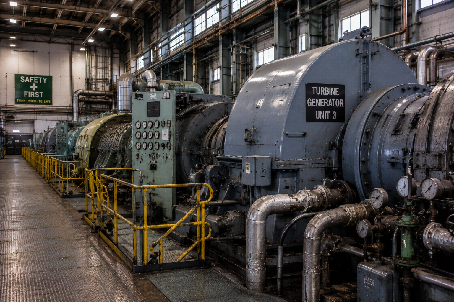 New Jersey power plant turbine hall with large machinery and insulated piping