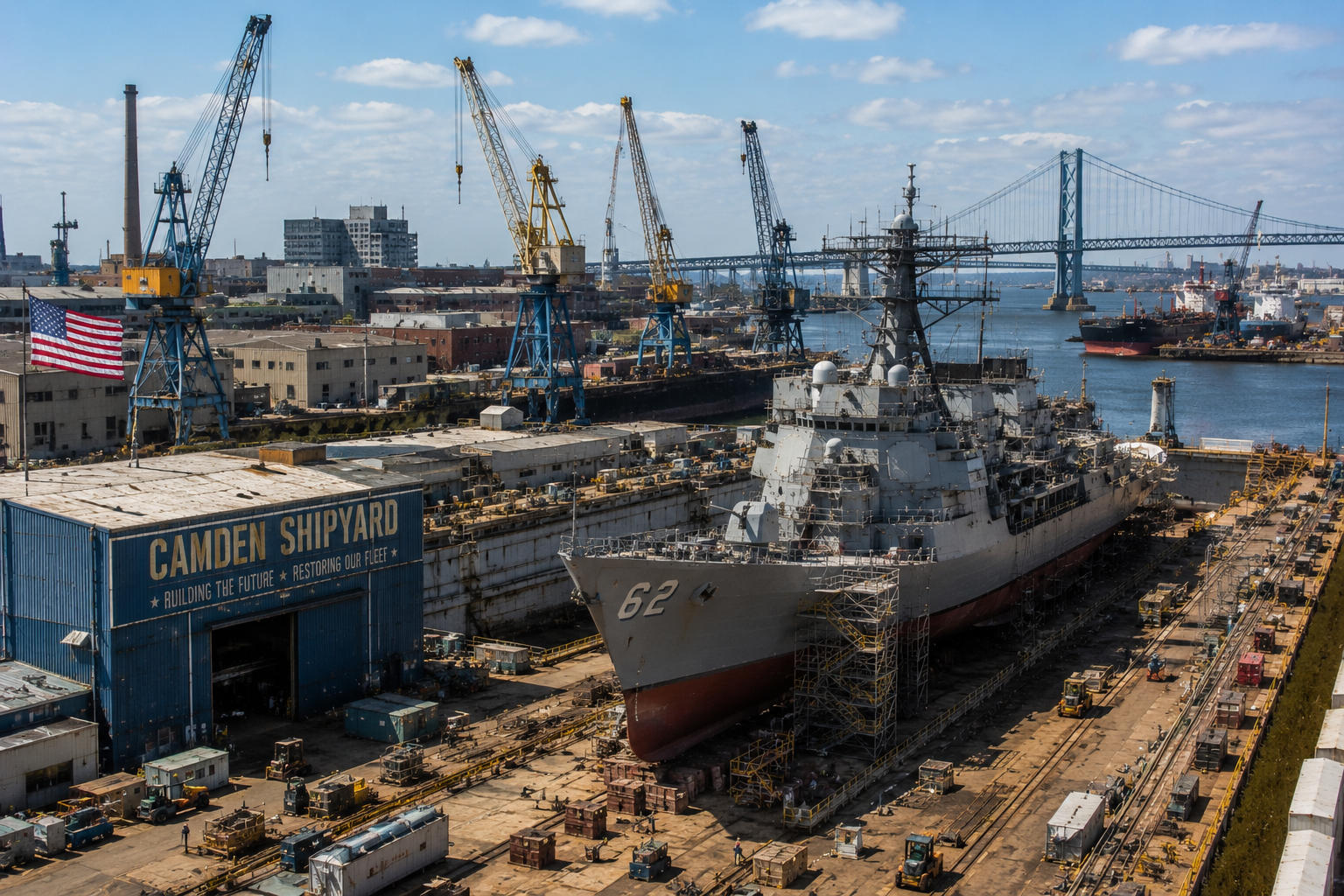 New Jersey shipyard with a large vessel in dry dock