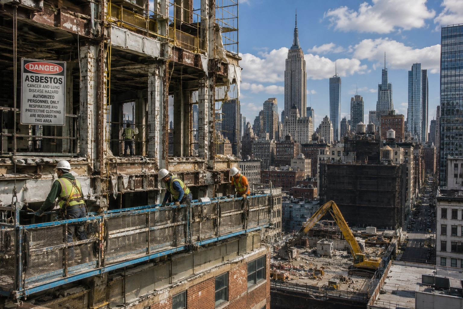 New York commercial building renovation with city skyline and demolition work