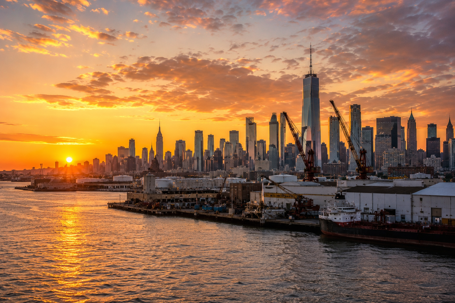 New York harbor industrial skyline at sunset with cranes and city skyline
