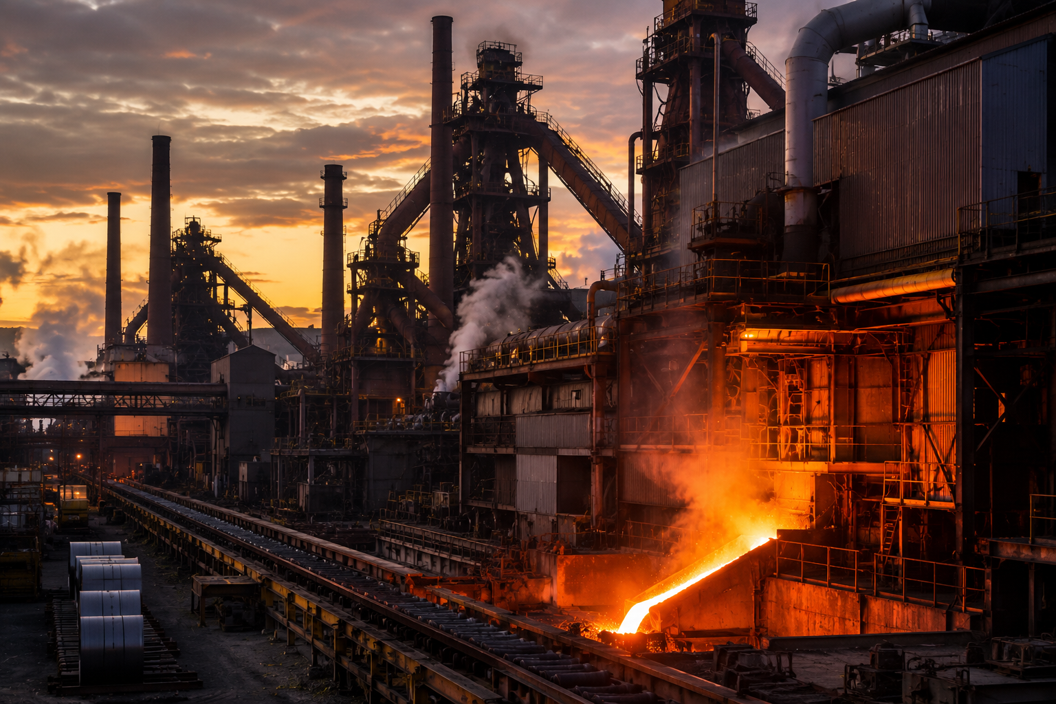 Large Ohio-style steel mill industrial setting with molten metal and smokestacks