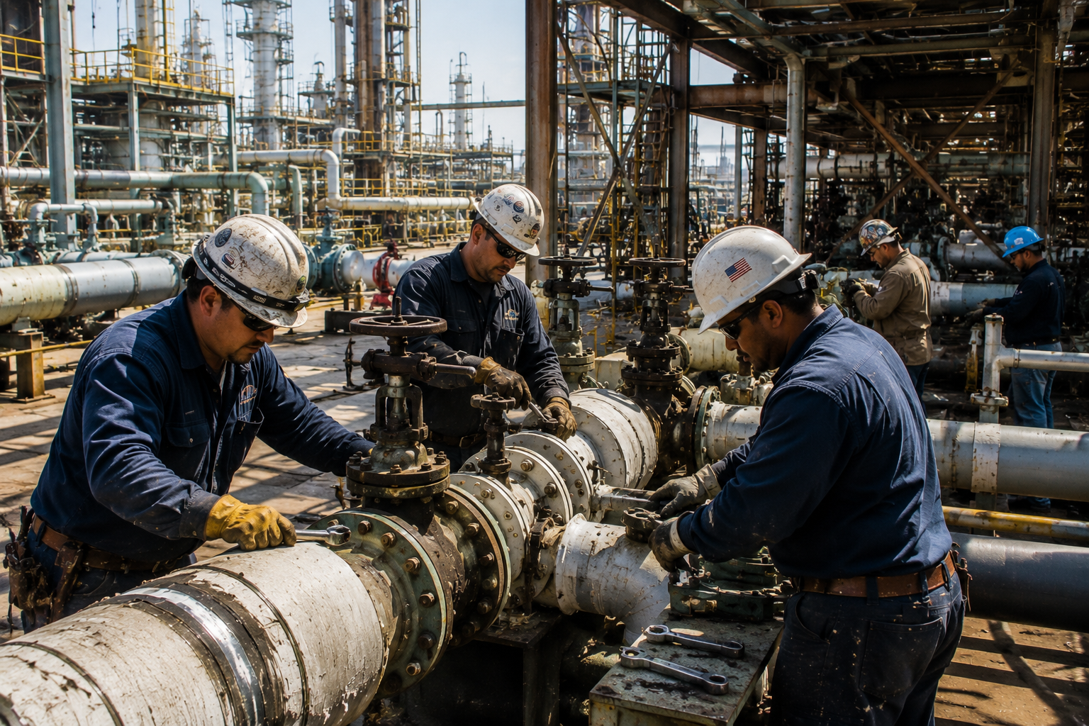 Texas industrial maintenance workers repairing piping and valves in a refinery setting