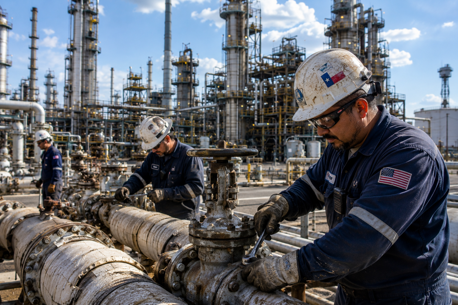 Texas refinery workers performing maintenance around industrial piping systems