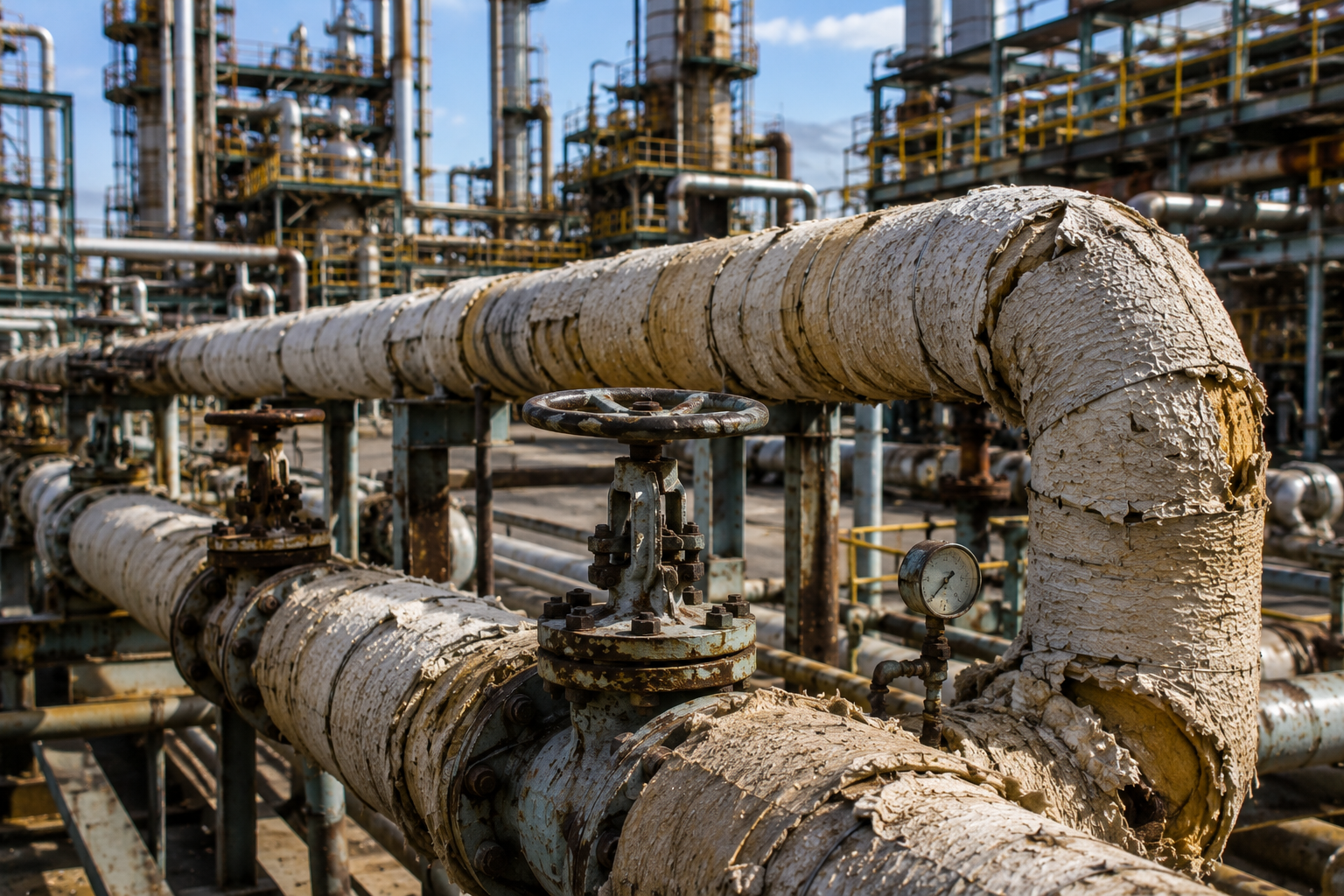 Aging industrial pipe insulation in a Texas petrochemical plant setting