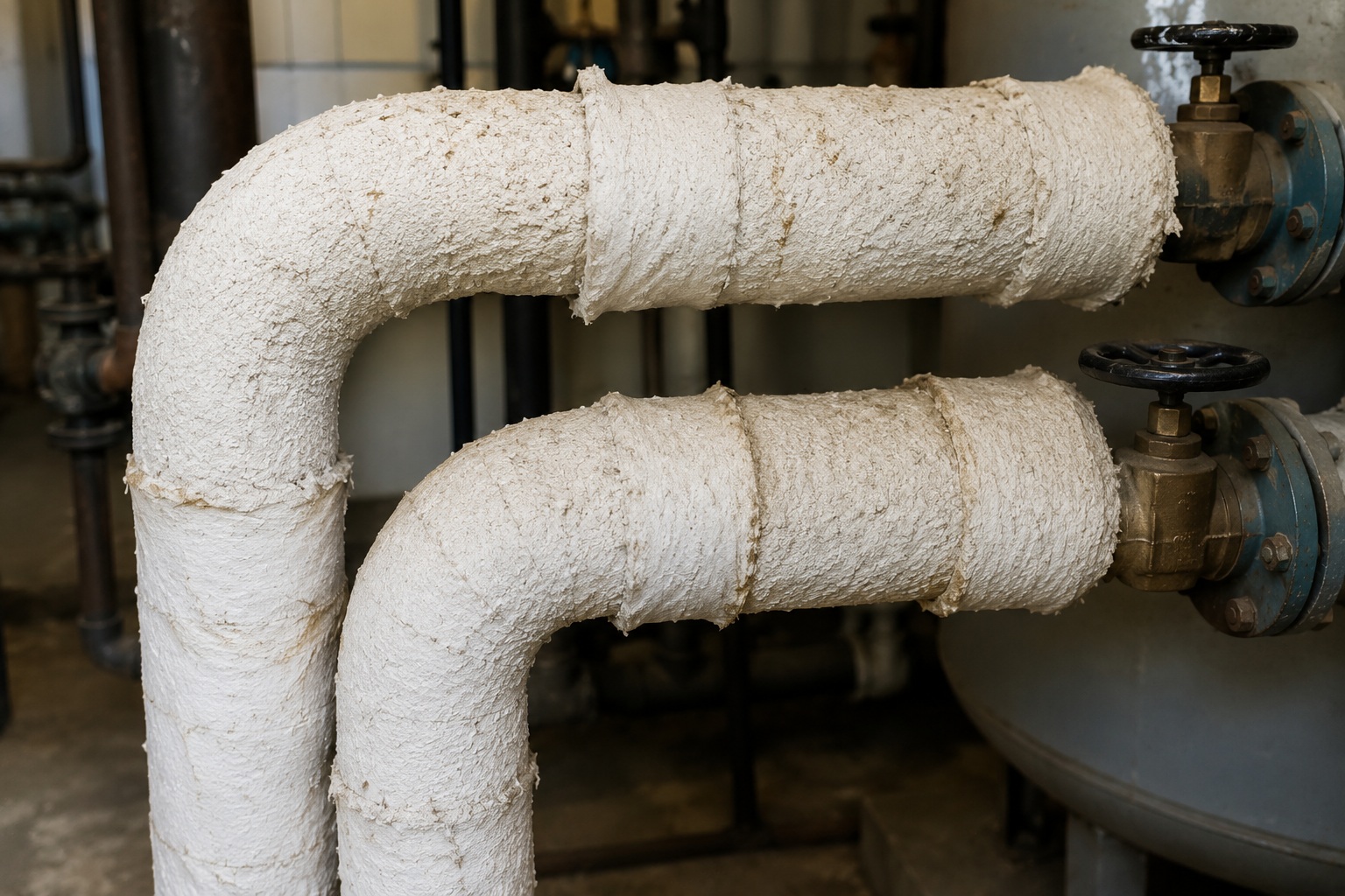 Older insulated pipe system in a mechanical room